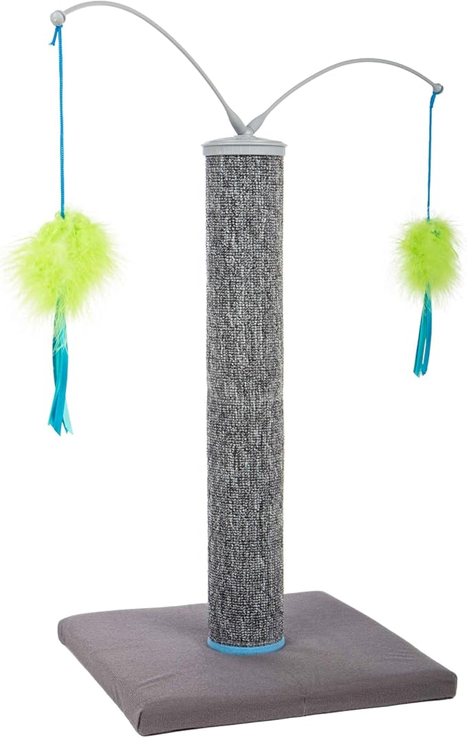 SmartyKat Scratch 'N Spin Carpet Cat Scratching Post with 2 Spinning Wand Toys, Plus 2 Replacement Wands - Gray & Blue-Mewly Pet