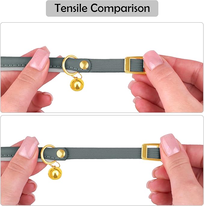 OOPSDOGGY Rolled Leather Cat Collar with Bell - Reflective Kitten Collar with Safety Elastic Strap - Adjustable Small Pet Collars for Boy Girl Cats (Graphite)-Mewly Pet