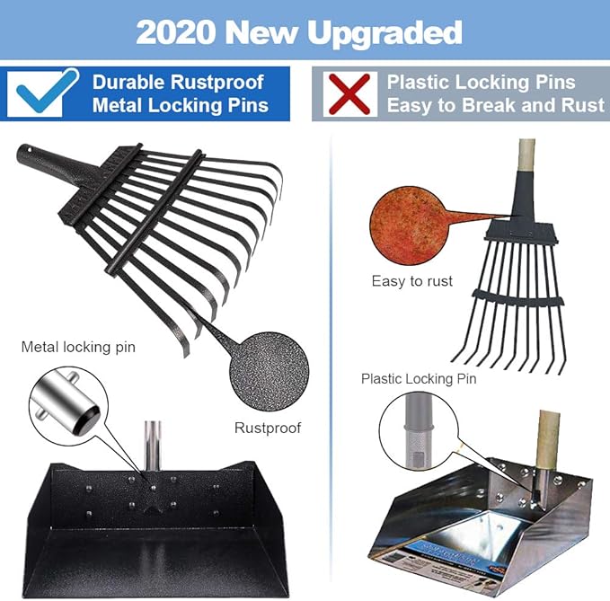 QiMH Upgraded Dog Pooper Scooper Extra Large, Adjustable Long Handle Stainless Metal Pet Poop Tray and Rake Set for Large Medium Small Dogs, Dog Waste Removal Bin Rake, Great for Grass, Street, Gravel-Mewly Pet