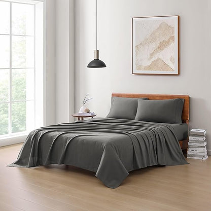 LANE LINEN 100% Organic Cotton 3Pc Bed Sheets Twin Size, Classic Percale Weave, Soft & Comfy Fully Elasticized Naturally Cooling Cotton Sheets, Low Pill Machine wash Twin Sheet Set- Charcoal
