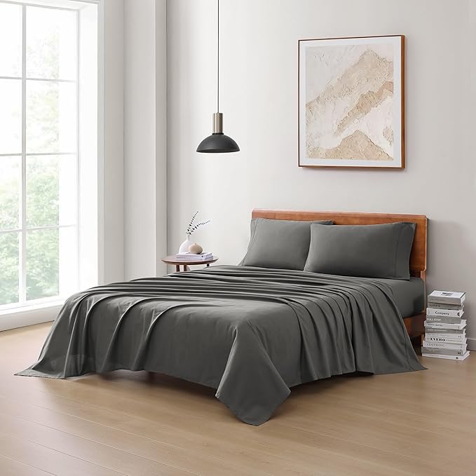 LANE LINEN 100% Organic Cotton Full Size Sheets, Hotel Like Crisp Percale Low Pill Fade Resistant Reinforsed Seam Cotton Sheets, Naturally Cooling 15" Deep Pocket Full Bedding Set- Charcoal