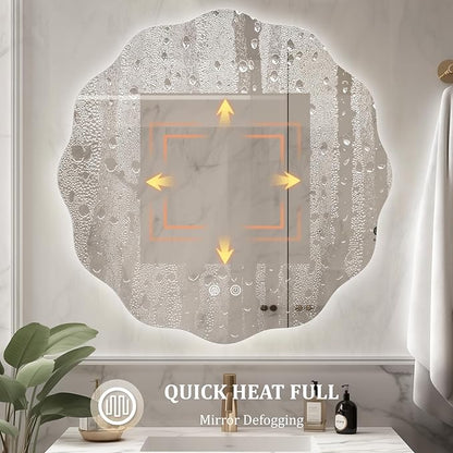 WallBeyond LED Bathroom Mirror with Lights, 28'' Wavy Round Light Up Bathroom Mirror, Anti Fog Led Mirror for Bathroom, 3 Colors and Dimmable Light