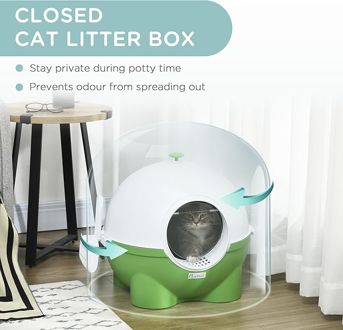 PawHut Hooded Cat Litter Box, Large Kitty Litter Pan with Lid, Scoop, Leaking Sand Pedal, Top Handle, Dark Green-Mewly Pet