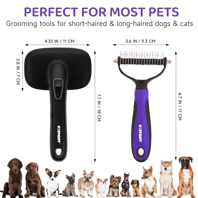 Dog Brush Kit – 3 PCS Grooming Set with Self-Cleaning Brush, Undercoat Rake & Pet Bath Brush. Great for Shedding, Tangles & Dirt Removal – Ideal for Long & Short Haired Dogs & Cats, Black-Mewly Pet