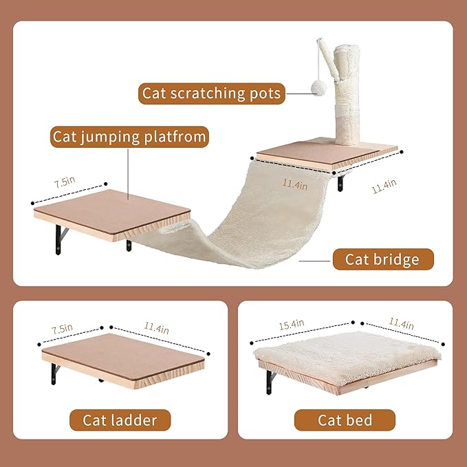 Wall Mounted Cat Climber Set, Cat Wall Shelves,Cat Wall Furniture Set,with Hammock,Jumping Boards,Sofa,Steps,Scratching Post,Hanging Ball and Felt Pads, Suit for Cats Climb, Jump,Scratch-Beige-Mewly Pet