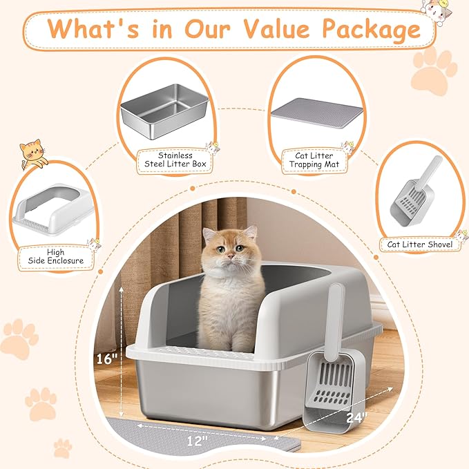 2 Pack Stainless Steel Litter Box, 24'' XL Extra Large Cat Litter Box with Lid, Metal Litter Boxes for Multiple Cats, Anti-Leakage,Non-Stick, Easy to Clean, Included Cat Litter Mat, Scoop-Mewly Pet