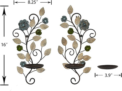 Wall Sconces Candle Holder Set of 2, Antique Multi-Color Leaf Branch Wall Mount Hanging Metal Wall Candle Holder Candle Sconce for Living Room Dining Room