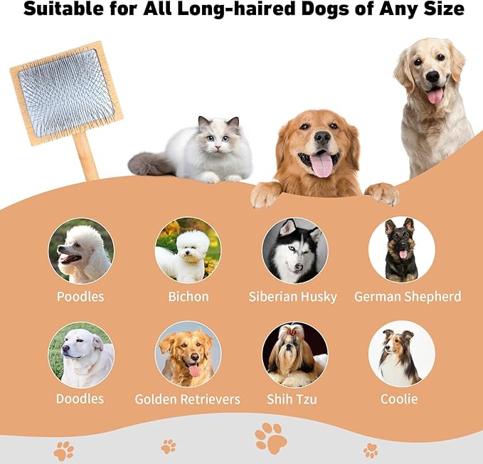 Dog Slicker Brush for Shedding and Grooming Medium or Long Haired Cats, Extra Long & Soft Pin Slicker Brush for Removes Loose Hair, Tangles, Knots, Undercoat, Free Pet Comb, Large, Oak-Mewly Pet
