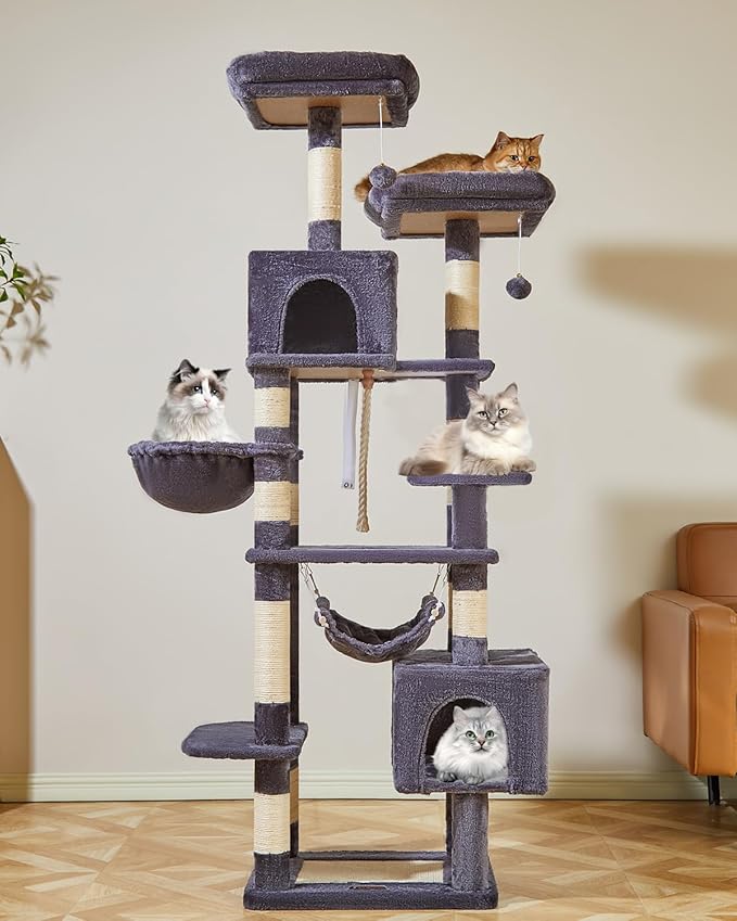 Taoqimiao Cat Tree, 71-Inch Cat Tree Cat Tower for Indoor Cats, Plush Multi-Level Cat Condo with 10 Scratching Posts, 2 Perches,Basket, 2 Caves,Hammock, 2 Pompoms,MS020G Beige Smoky Gray-Mewly Pet