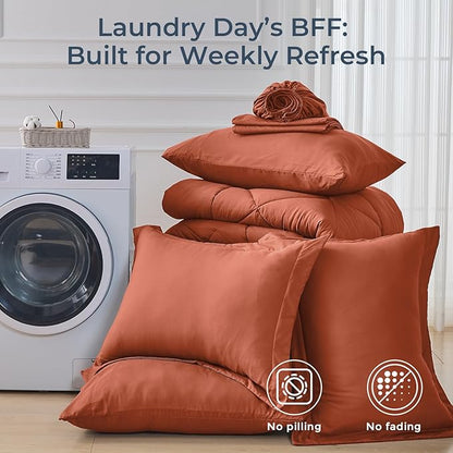 HEVUMYI Burnt Orange King Comforter Set - 7-Piece All Season Bed in a Bag King, Ultra Soft Bedding Set with Comforter, Flat Sheet, Fitted Sheet, Pillowcases, Pillow Shams
