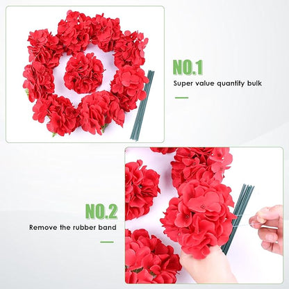 AVIVIHO 65pcs Fake Flowers Red Hydrangea Artificial Flowers Bulk (Not Squished, No Steaming Need) Fake Hydrangeas Silk Flowers with Stems for Party Home,Indoor or Outdoor, DIY Florals Decorations
