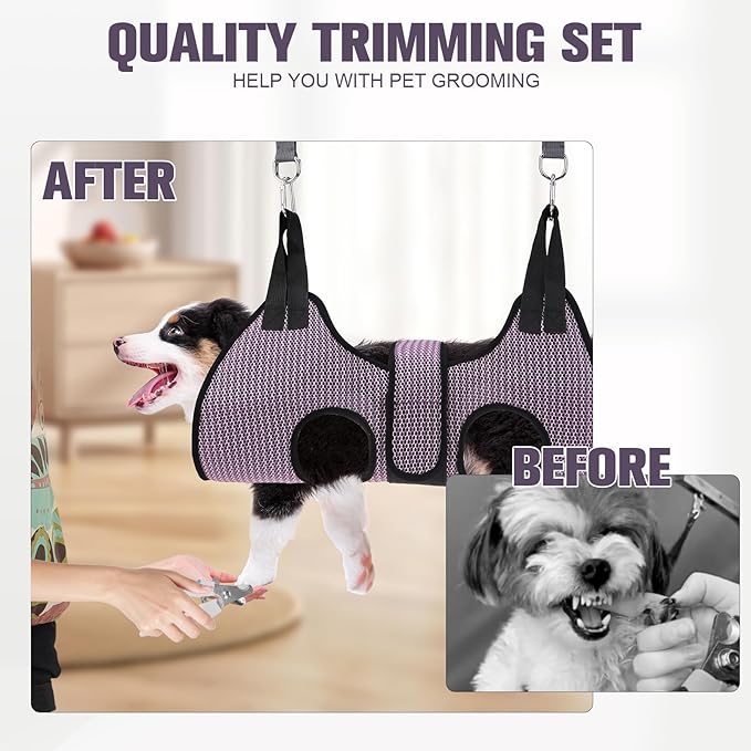 PAWCHIE Dog Grooming Hammock Harness for Dogs & Cats with Pet Nail Clipper Trimmer- Breathable Cat Hanger Sling for Trimming Clipping Nails-Dog Hammock Restraint Bag for Small Medium Large Dog,Pink XS-Mewly Pet