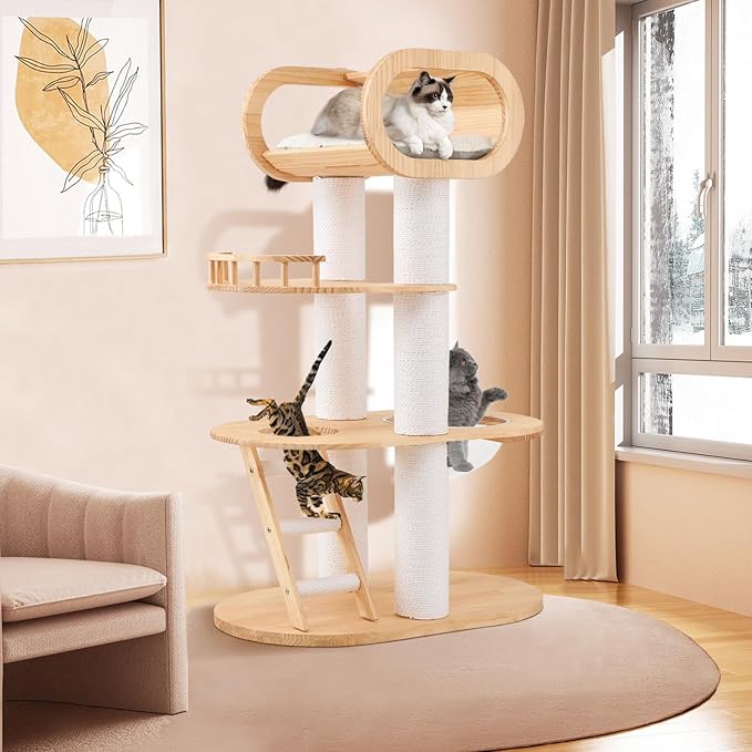 63'' Tall Modern Cat Tree for Indoor Cats, Luxury Cat Tree, Multi-Level Wood Climb Tower for Large Cat, Heavy Duty Kitty House with Transparent Bowl, Large Perches with Removable Cushion-Mewly Pet