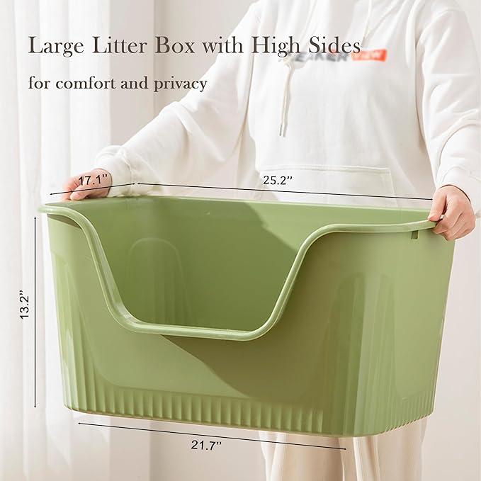 Vealind Extra Large Litter Box with High Sides, XL Litter Boxes for Big Cats, High Sided Litter Pan, Leak-Proof & Anti-Splashing, Easy Clean & Durable (25” * 17” * 13” Green)-Mewly Pet