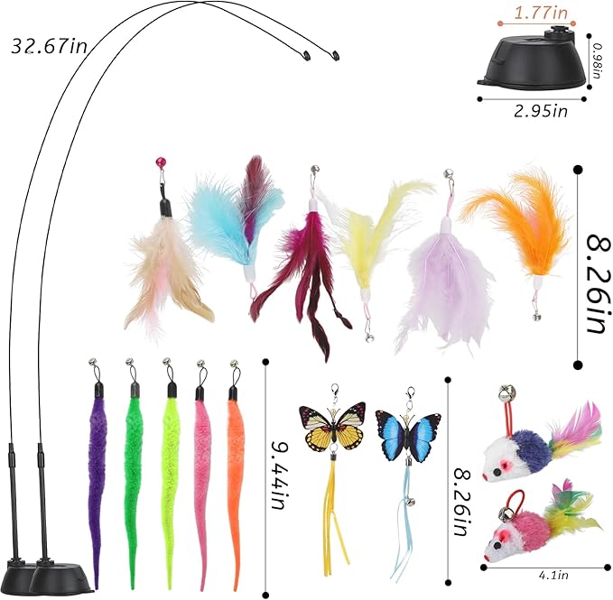 Suction Cup Cat Toys,Interactive Cat Wand with 15Pcs (Feather, Mouse, Butterfly, Worm),Durable Cats Fishing Pole Toy for Indoor Kittens,Fun Stick Toy for Exercise&Play-Mewly Pet