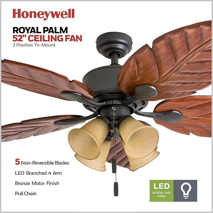 Honeywell Ceiling Fans Royal Palm, 52 Inch Tropical LED Ceiling Fan with Light, Pull Chain, Three Mounting Options, Hand Carved Solid Wood Blades - Model 50504-01 (Aged Brass)