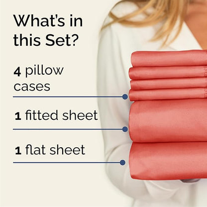 Queen 6 Piece Sheet Set - Comfy Breathable & Cooling - Ultra Soft Hotel Luxury Bedding Set w/ 8-16 Inch Deep Pockets - 1 Flat & 1 Fitted Sheet & 4 Pillowcases - Cozy, Wrinkle Free & Easy Care - Coral