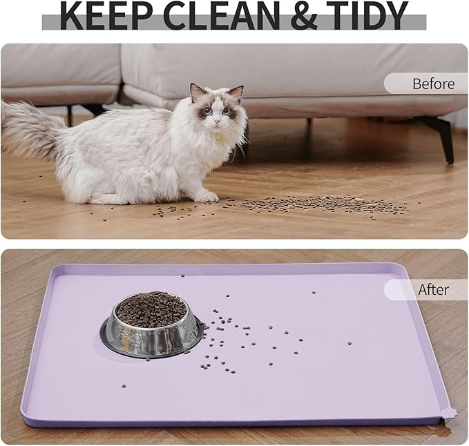 Waterproof Pet Feeding Mat with High Raised Edges, Heavier and Thicker Placemats for Cat Dog Water Bowl with BPA Free, Dogs Cats Food Mats for Messy Drinkers to Prevent Spill and Protect Floors-Mewly Pet