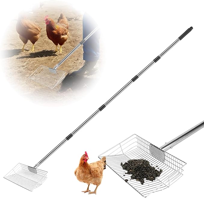 Chicken Poop Scooper with Stainless Steel Handle,24" to 68" Adjustable Length Chicken Coop Litter Scoop,4 in 1 Multifunctional Heavy Duty Litter Sifting Shovel Chicken Coop Accessories-Mewly Pet