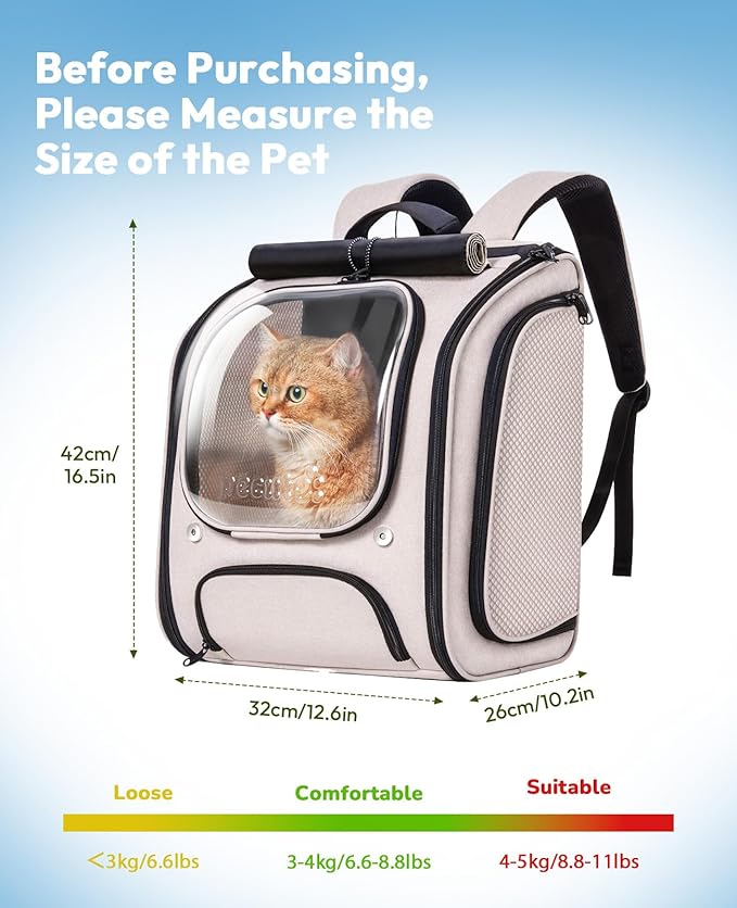 Pecute Cat Backpack Carrier, Large Space Cat Bubble Backpack, Breathable Cat Carrier, Shaded Dog Backpack Carrier, Ergonomic 3D Design for Travel, Hiking, Suitable for Shopping, and Vet, Khaki-Mewly Pet