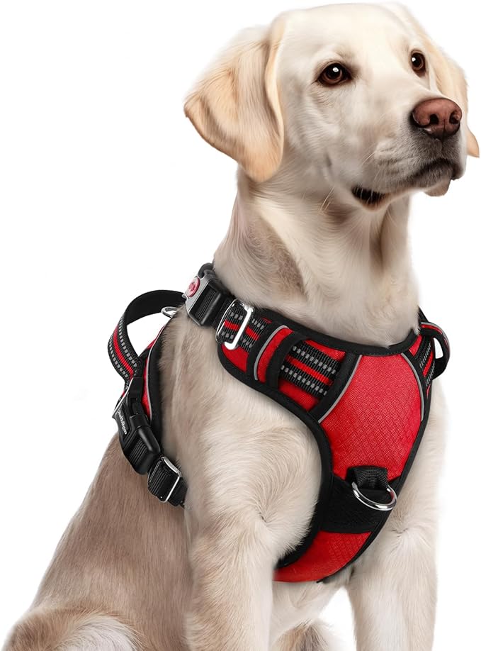 rabbitgoo Dog Harness for Large Dogs, No Pull Pet Vest with 3 Buckles, Adjustable Soft Padded Pet Harness with Easy Control Handle and Reflective Strips, Red, L-Mewly Pet