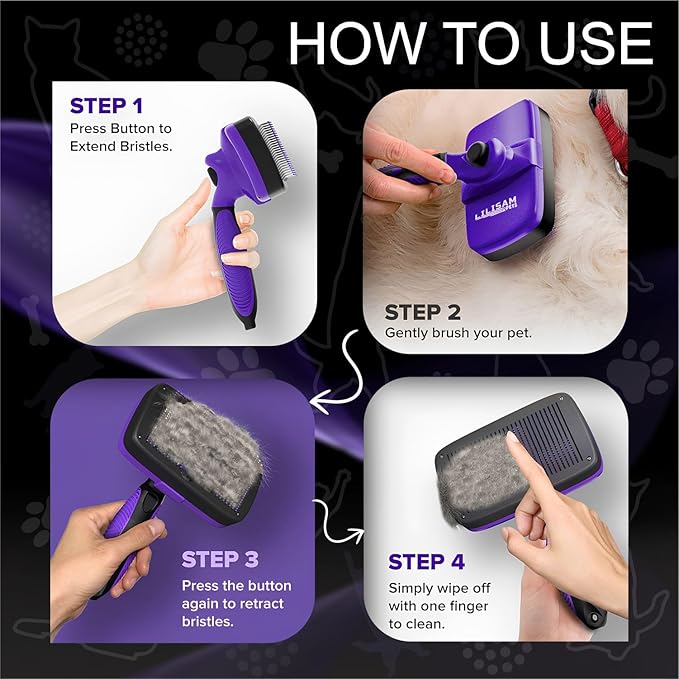 Pet Self Cleaning Slicker Brush and Grooming Comb - Gently Removes Loose Hair, Tangles, and Dirt - Skin Friendly Deshedding Grooming Tool for Hair Dogs & Cats - Pet Supplies Accessories (Purple)-Mewly Pet