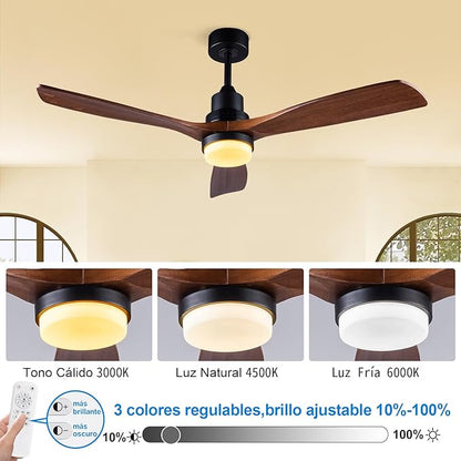 BOJUE 60 Inch Ceiling Fans with Lights and Remote Control, Dimmable LED Light,Quite DC Motor, Indoor Outdoor Wood Ceiling with 3 Blade Fan for Patio Living Room, Bedroom, Office, Summer House