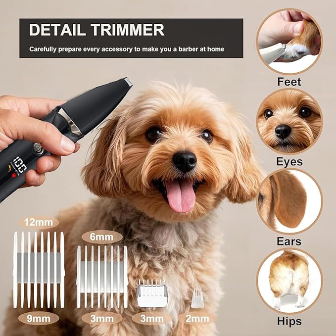 Dog Grooming Kit with LCD Display, 4 in 1 Dog Hair Trimmer for Paw Nail Grinder, Rechargeable Cordless Pet Cat Clippers, Professional Pet Paw Trimmer Nail Grinder Low Noise. Black-Mewly Pet
