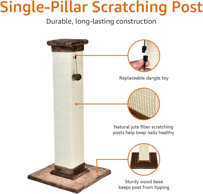 Amazon Basics Cat Scratcher - Indoor Classic Single Cat & Kittens Scratching Post with Sisal Rope, Jute Fiber, Large (35.4"H) - Brown-Mewly Pet