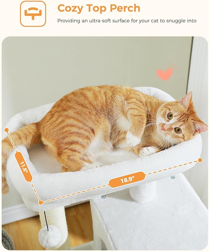 White Cat Tree for Indoor Cats, 45.7" Multi-Level Cat Tower with Large Metal Frame Hammock, Cat Condo with 4 Scratching Posts and Top Perch, White-Mewly Pet