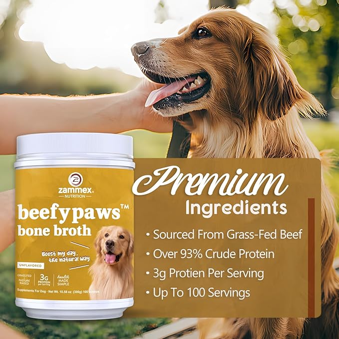 Zammex Grass-Fed Beef Bone Broth Protein Powder for Dogs & Cats - Joint & Bone Support, Healthy Fur Enhancer, Pet Food Topper for Dry & Wet, 10.58oz-Mewly Pet