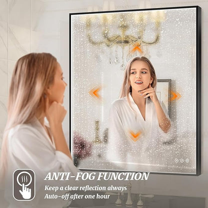 30x36 Inch LED Bathroom Mirror, Black Metal Framed Lighted Mirror for Bathroom, Wall Mouted LED Vanity Mirror with Lights, 3 Colors and Stepless Dimmable, Anti-Fog, Memory