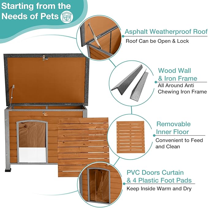 Indoor Outdoor Dog House,Anti-Chewing Iron Frame Dog Kennel,Wood Warm Pets Home,Weatherproof Outside Shelter for Feral Animal 33.5" (L) X 22" (W) X 25.2" (H) Brown-Mewly Pet