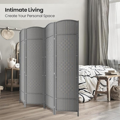 Paper Rope Room Divider, 4 Panel Wood Mesh Woven Design Screen with Double Sides Weaved, Foldable Portable Partition Divider Screen for Decorationg of Bedroom,LivingRoom,Office Separator