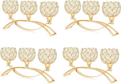 Crystal Tealight Candle Holder Centerpiece Home Decorative Candlestick Holder Elegant Table Centerpiece Home Decor Wedding Party Anniversary (Gold, 3 Arm of 4 Pcs)