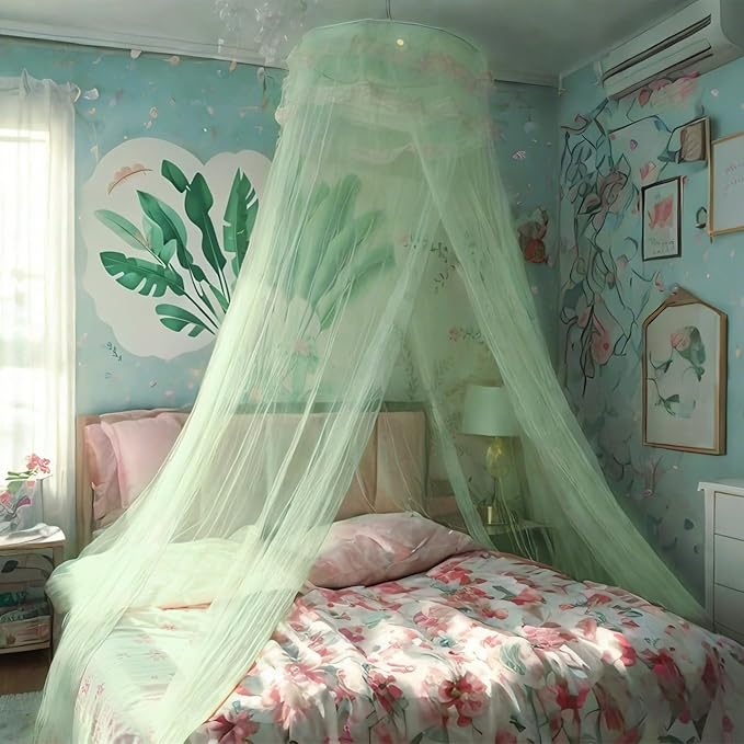 Eimilaly Lace Bed Canopy Mosquito Netting with Warm Lights, Princess Bed Canopy for Girls Room Decor, Green/Single Door