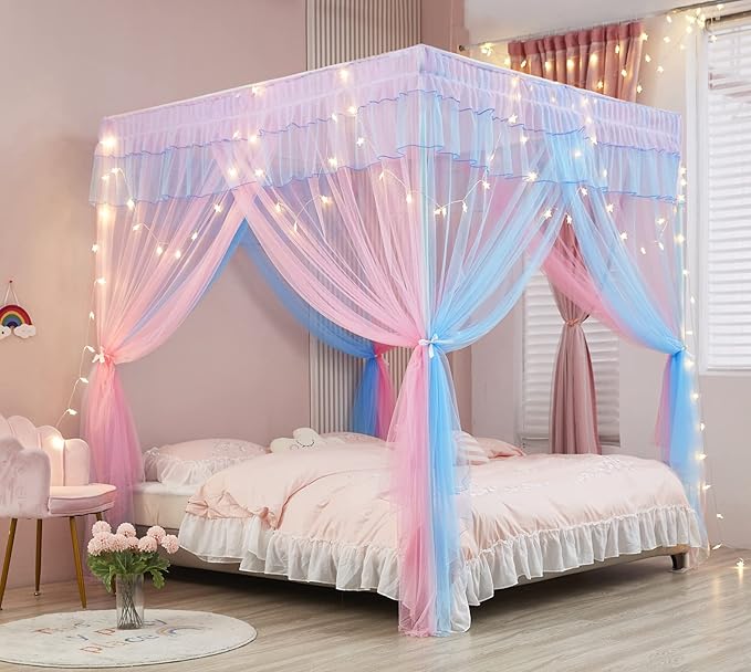 Mengersi Rainbow Canopy Bed Curtains with Lights -Bed Canopy for Girls - Bed Drapes Netting- Bedroom Decoration Accessories,California King