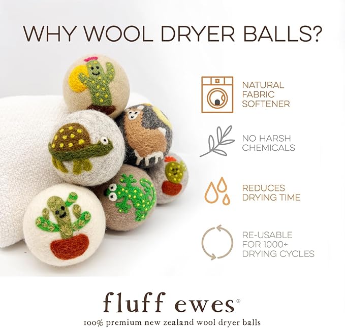 Fluff Ewes Wool Dryer Balls 6 Pack Premium New Zealand Wool Laundry Balls for Dryer, No Static Dryer Balls Laundry Reusable, XL Wool Dryer Balls Cute, Baby Dryer Balls for Dryers - Kiss My Cactus-Mewly Pet