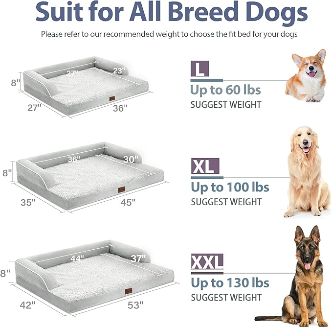 Orthopedic Dog Beds for Extra Large Dogs, Waterproof Dog Beds XLarge, Memory Foam Dogs Couch Beds with Comfy Bolster, Removable Washable Cover and Nonskid Bottom (X-Large,Grey White)-Mewly Pet