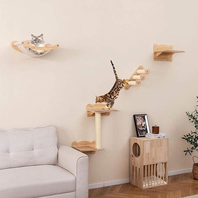 Tangkula Cat Wall Shelves, Wall Mounted 4pcs Kitten Furniture Set with Hammock, 2-Step Kitty Tree, Perch, Non-Slip Carpet Mat, Sisal Stairs & Scratching Posts, Wooden Cat Climber Steps (Natural)-Mewly Pet