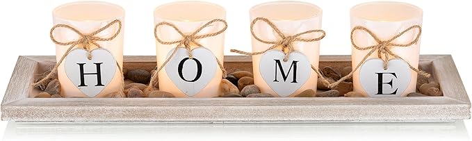 Romadedi Farmhouse Centerpiece Candle Holder Decor - Rustic Wooden Tray with 4 Glass Tealight Candles Holders for Coffee Table Home Decorations Living Room Fireplace Kitchen Housewarming Gifts