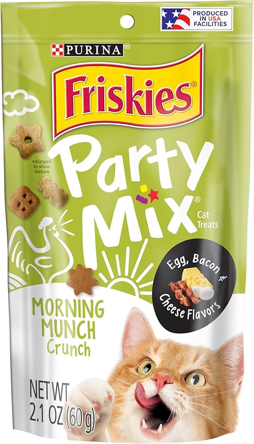 Purina Friskies Party Mix Cat Treats, Morning Munch Crunch with Egg, Bacon & Cheese Flavors, Crunchy & Bite-Sized Cat Treats, 2.1 OZ Pouch (Pack of 3)-Mewly Pet