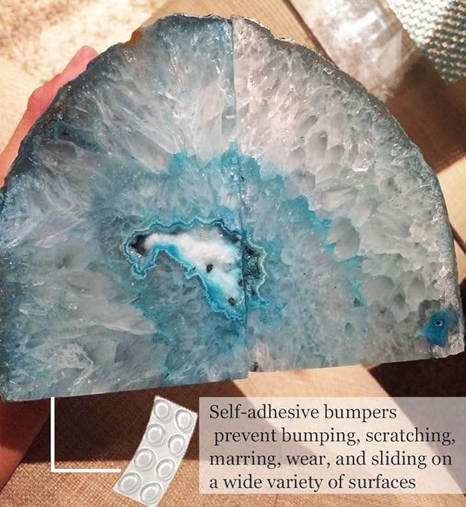 AMOYSTONE Geode Bookends Heavy Duty Agate Large Stone Bookend Decorative Crystal Quartz Book Ends Dyed Teal with Rubber Bumpers(1 Pair, 6-8 LBS)