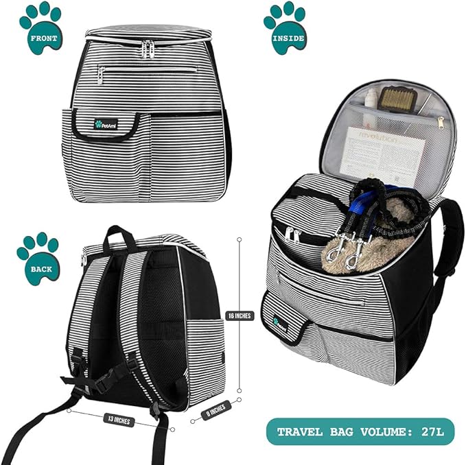 PetAmi Dog Travel Bag Backpack, Airline Approved Dog Bags for Traveling, Puppy Diaper Bag Supplies, Pet Camping Essentials Hiking Accessories Dog Gift, Food Container, Collapsible Bowls, Stripe Black-Mewly Pet
