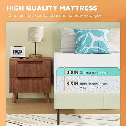 PayLessHere Full Mattress 12 Inch Gel Memory Foam Mattress with Breathable & Washable Soft Fabric Zippered Cover,Supportive & Pressure Relief Bed Mattress,CertiPUR-US CER，Fiberglass Freetified,White