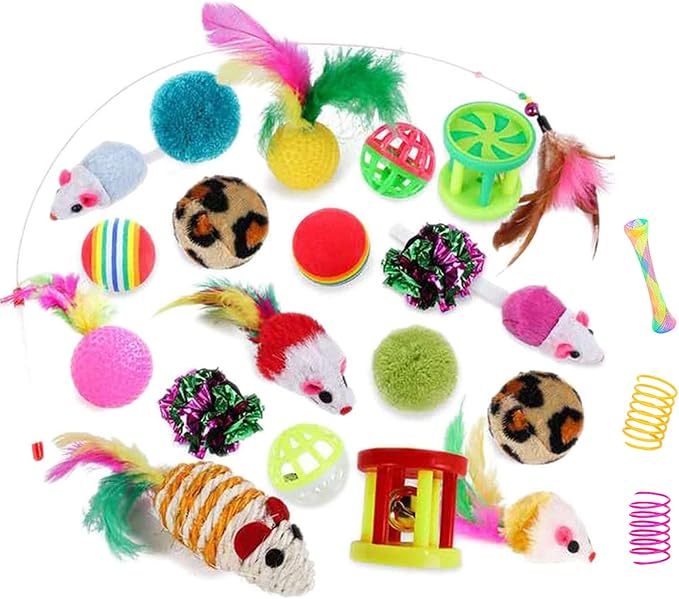 32Pcs Cat Toys Kitten Interactive Pet Toys Assortments, Foldable Rainbow Tunnel, Teaser Wand Fluffy Mouse Crinkle Balls Bell Play for Puppy Kitty (3 way)-Mewly Pet