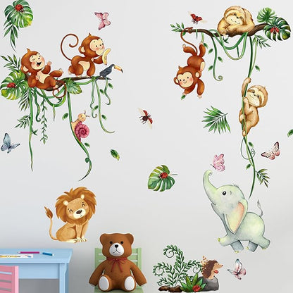 Jungle Animal Wall Stickers Forest Safari Wall Decals Kid Room Nursery Baby Bedroom Décor (Green Vine Monkey Elephant Butterfly)