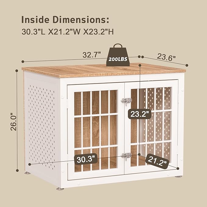 32" Heavy Duty Dog Crate Furniture for Small and Medium Dogs, Metal Kennel for High Anxiety Dogs, Chew Proof Pet Cage Indoor, Decorative Dog Kennel End Table, White-Mewly Pet