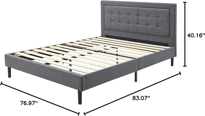 DeCoro Mornington 2.0 Upholstered Platform Bed | Headboard and Metal Frame with Wood Slat Support, Grey, King Size