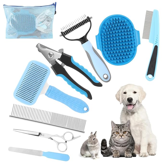 Cat Grooming Brush, 9PCS Dog Brush Kit with Pet Nail Clipper and File, Deshedding Brush for Cats, Cats Dog Shedding Brushs for Small Large Pets, Includes Flea Comb, Bath Brushs,Undercoat Rake (Blue)-Mewly Pet